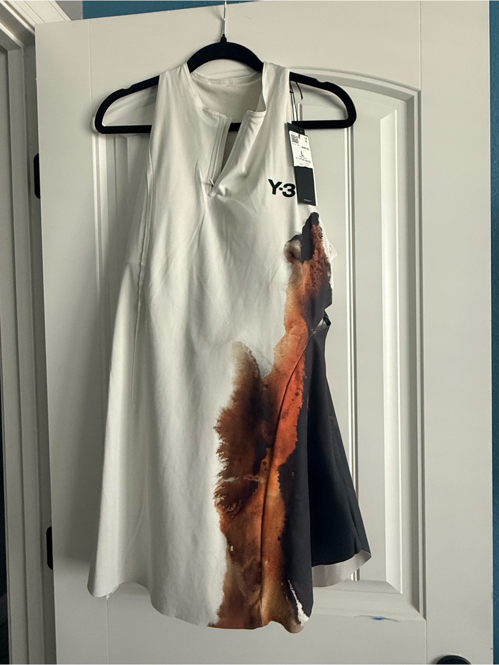 Adidas Y-3 White Sleeveless Tennis skirt with Brown and Black Print.
